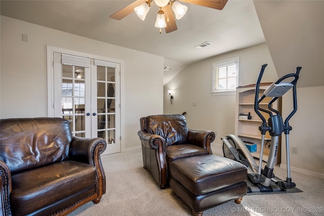 6323 E 111th Pl, Tulsa, OK 74137 - living area featuring carpet, french doors, a ceiling fan, and vaulted ceiling