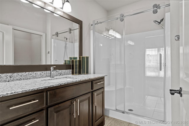 3316 W Jackson St, Broken Arrow, OK 74012 - bathroom with tile patterned floors, a shower stall, and vanity