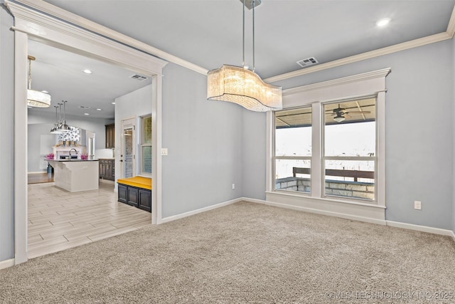 3316 W Jackson St, Broken Arrow, OK 74012 - unfurnished dining area featuring light carpet, visible vents, and crown molding