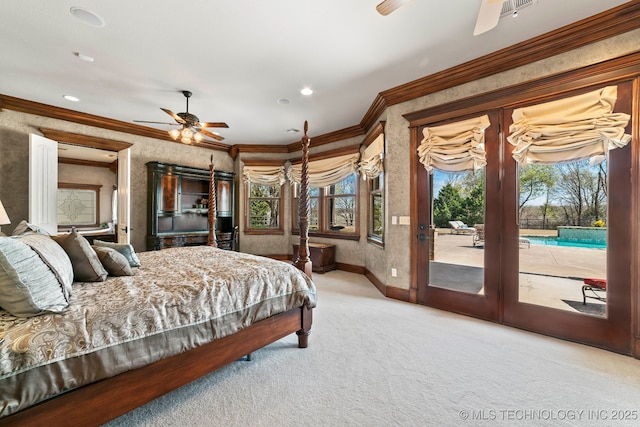 9931 N Chadford Rd, Owasso, OK 74055 - carpeted bedroom featuring ornamental molding, access to exterior, and recessed lighting