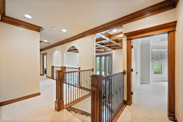 corridor featuring crown molding, recessed lighting, an upstairs landing, and carpet