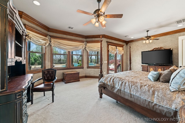 9931 N Chadford Rd, Owasso, OK 74055 - bedroom featuring light colored carpet, multiple windows, and ornamental molding