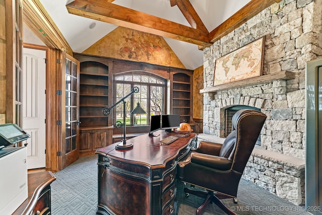 9931 N Chadford Rd, Owasso, OK 74055 - office with beamed ceiling, built in features, high vaulted ceiling, a stone fireplace, and french doors