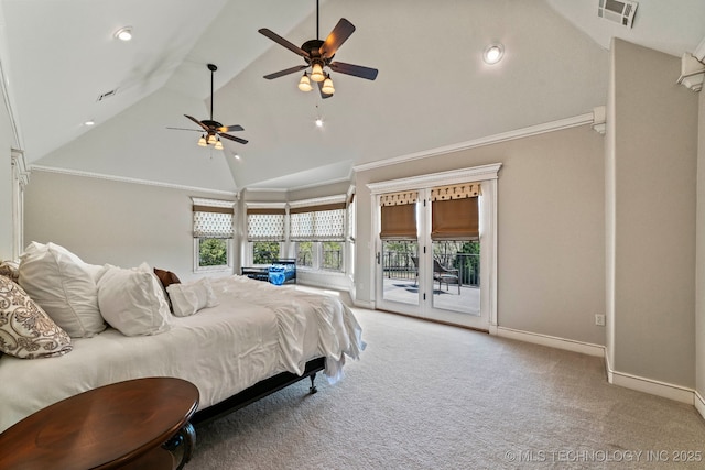 9931 N Chadford Rd, Owasso, OK 74055 - bedroom with access to outside, light colored carpet, recessed lighting, a ceiling fan, and high vaulted ceiling
