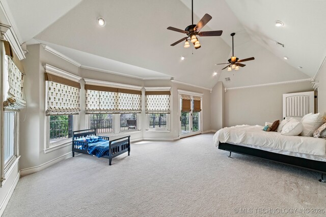 9931 N Chadford Rd, Owasso, OK 74055 - carpeted bedroom featuring multiple windows, recessed lighting, crown molding, high vaulted ceiling, and ceiling fan