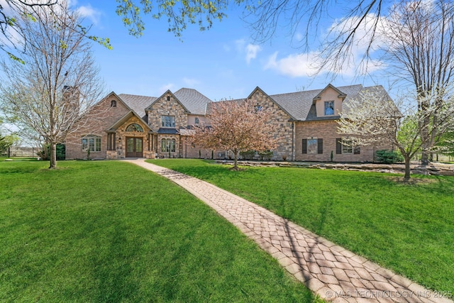 9931 N Chadford Rd, Owasso, OK 74055 - tudor house with french doors, a front yard, stone siding, and brick siding