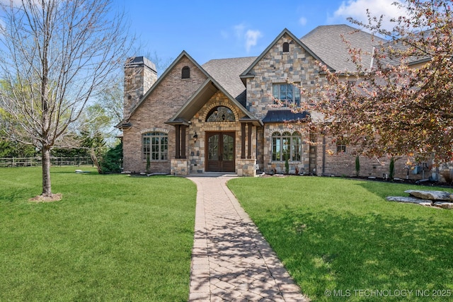 9931 N Chadford Rd, Owasso, OK 74055 - view of front of property featuring french doors, a front lawn, a chimney, and stone siding