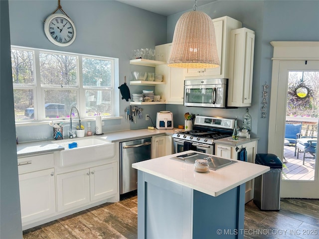 kitchen featuring light countertops, a sink, stainless steel appliances, and wood finished floors
