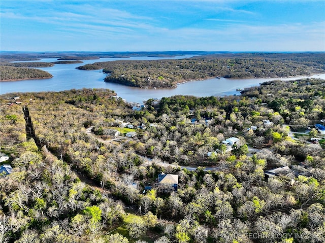 bird's eye view with a water view and a view of trees