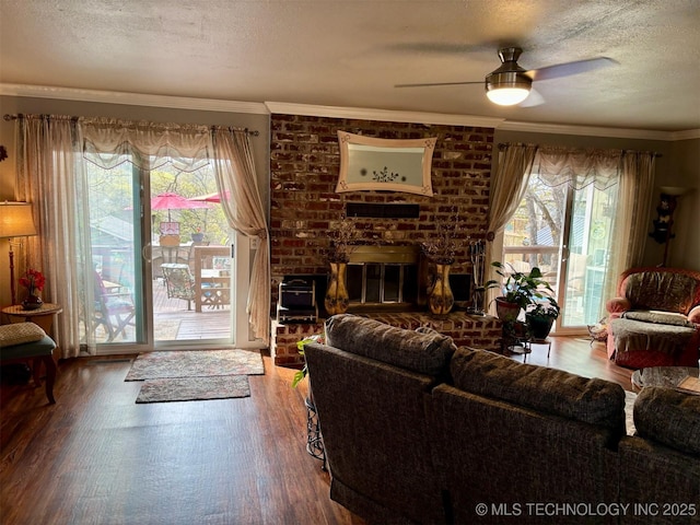 living room featuring a ceiling fan, wood finished floors, crown molding, and a textured ceiling
