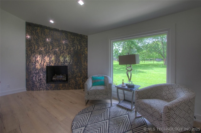 living area featuring a large fireplace, wood finished floors, and baseboards