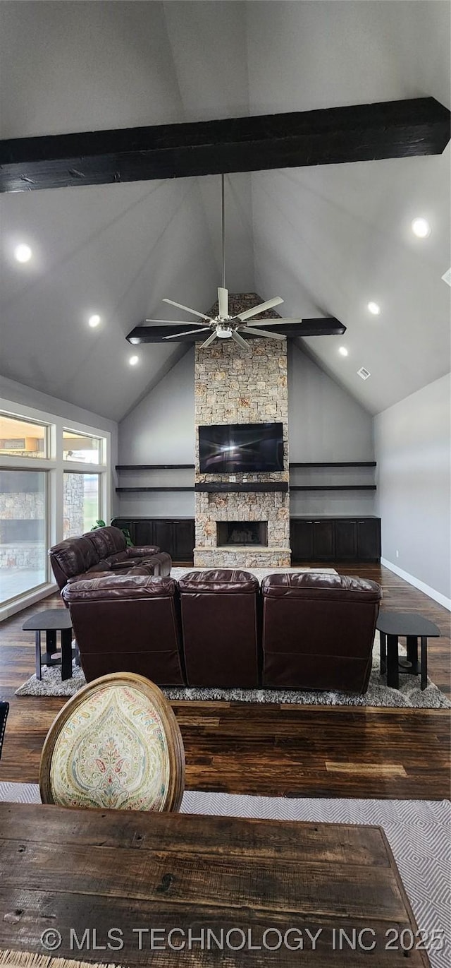 17078 S 11th W Ave, Glenpool, OK 74033 - living area with wood finished floors, a ceiling fan, and a fireplace