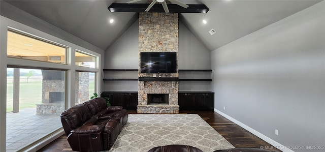 17078 S 11th W Ave, Glenpool, OK 74033 - living room with a fireplace, a ceiling fan, beam ceiling, dark wood finished floors, and high vaulted ceiling