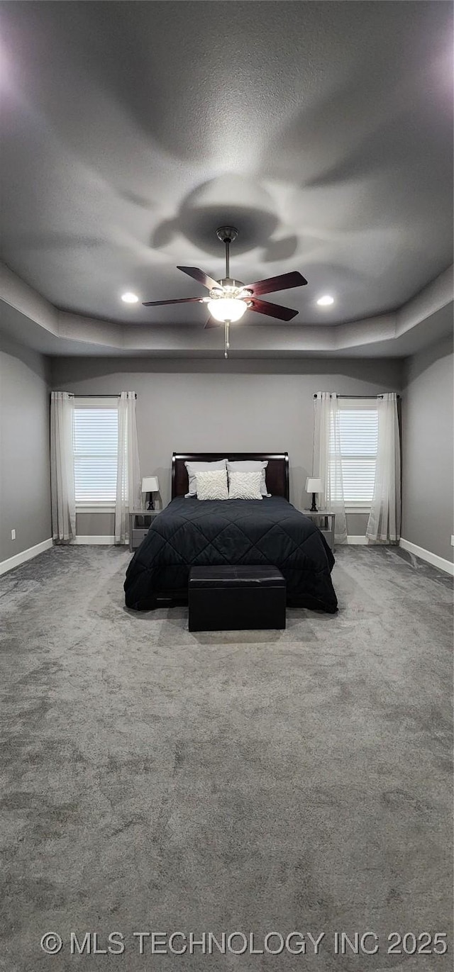 17078 S 11th W Ave, Glenpool, OK 74033 - carpeted bedroom featuring a tray ceiling, a ceiling fan, a textured ceiling, and recessed lighting