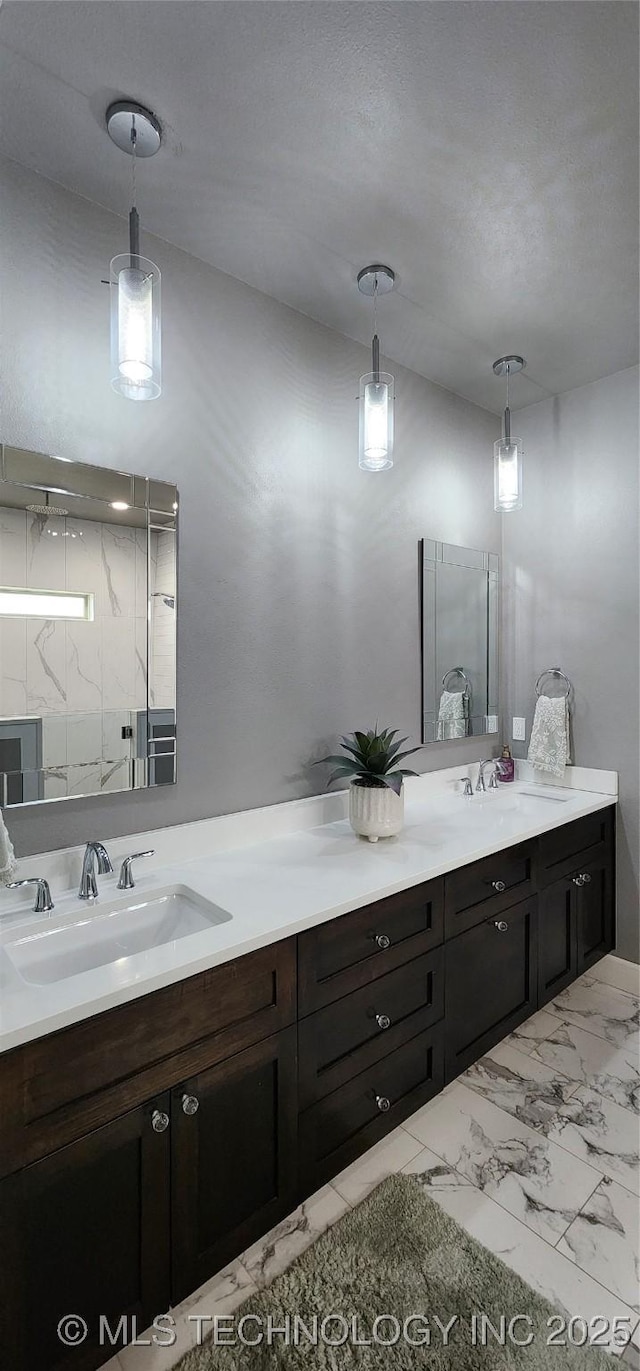 17078 S 11th W Ave, Glenpool, OK 74033 - bathroom featuring double vanity, marble finish floors, and a shower stall