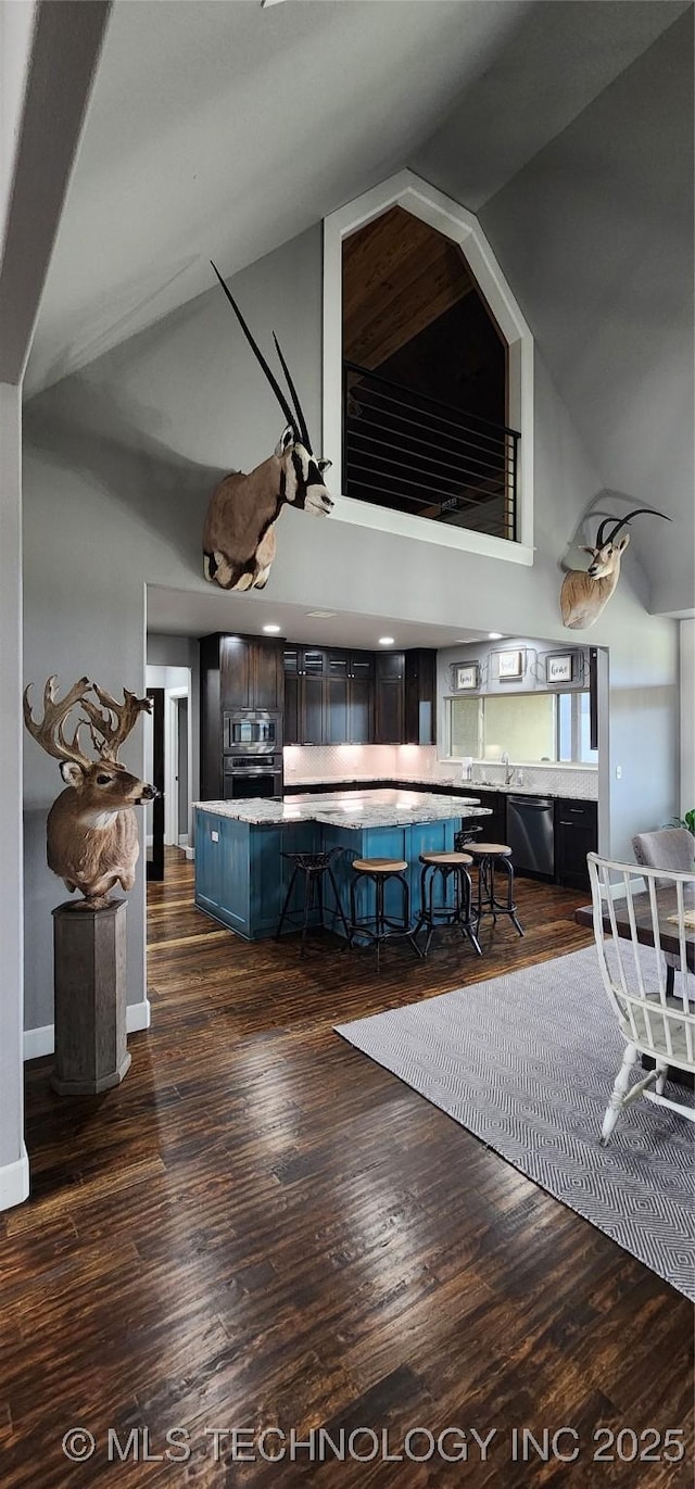 17078 S 11th W Ave, Glenpool, OK 74033 - kitchen featuring high vaulted ceiling, a kitchen breakfast bar, stainless steel appliances, and dark wood-style floors