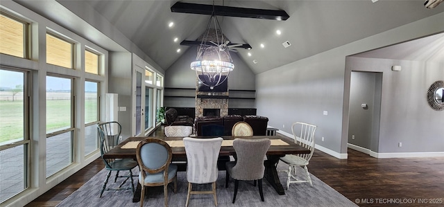 17078 S 11th W Ave, Glenpool, OK 74033 - dining room with a chandelier, healthy amount of natural light, a fireplace, beam ceiling, and dark wood-type flooring