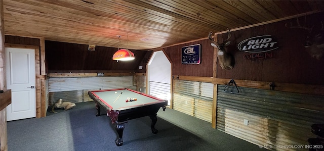 17078 S 11th W Ave, Glenpool, OK 74033 - recreation room with wood ceiling, wooden walls, pool table, and carpet flooring