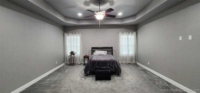 17078 S 11th W Ave, Glenpool, OK 74033 - bedroom with a raised ceiling, carpet, ceiling fan, and recessed lighting
