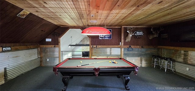 17078 S 11th W Ave, Glenpool, OK 74033 - recreation room with wooden ceiling, wooden walls, vaulted ceiling, carpet flooring, and billiards table