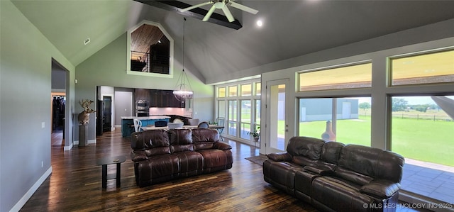 17078 S 11th W Ave, Glenpool, OK 74033 - living room featuring high vaulted ceiling, ceiling fan, and dark wood finished floors