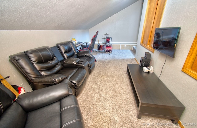 carpeted living area with vaulted ceiling, a textured wall, and a textured ceiling