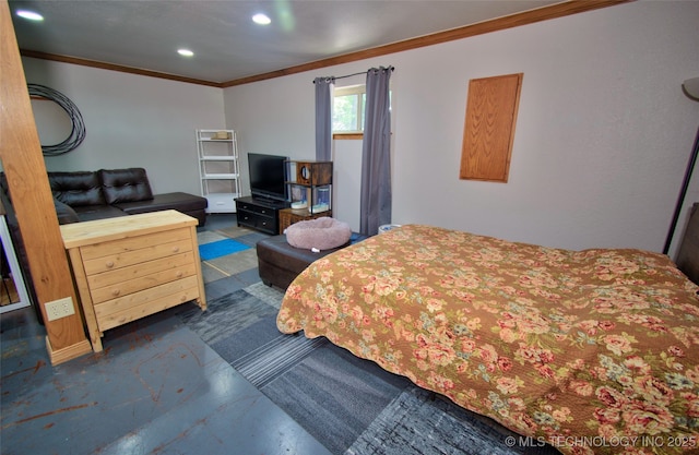 bedroom with ornamental molding and recessed lighting
