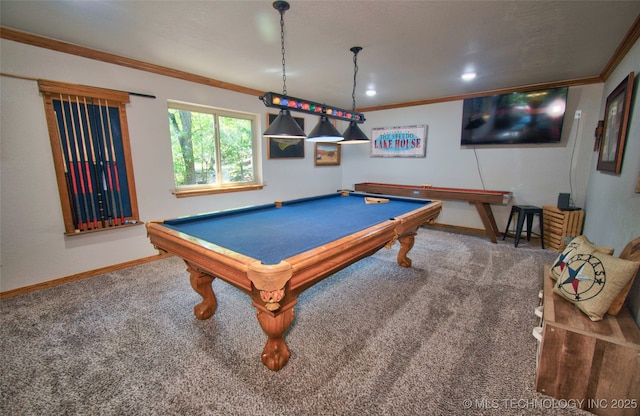 playroom with baseboards, crown molding, pool table, and carpet