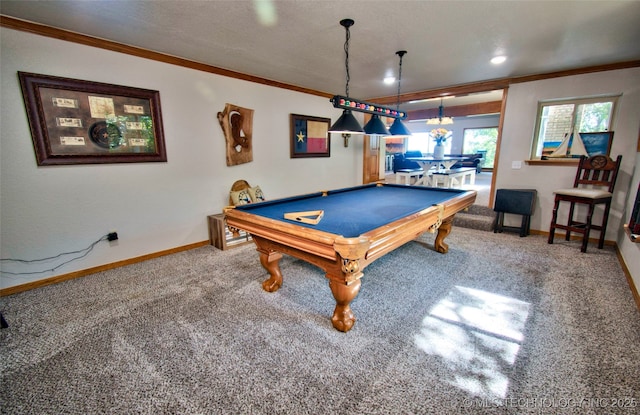 rec room featuring baseboards, billiards, crown molding, and carpet