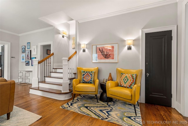 1225 E 18th St, Tulsa, OK 74120 - living area with wood finished floors, ornamental molding, and stairs