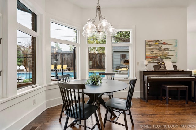 1225 E 18th St, Tulsa, OK 74120 - dining area featuring a chandelier, dark wood-style flooring, and baseboards