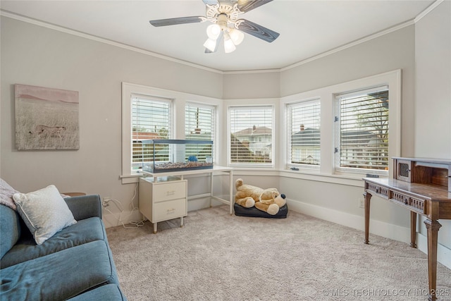 1225 E 18th St, Tulsa, OK 74120 - home office featuring crown molding, a ceiling fan, carpet floors, and baseboards