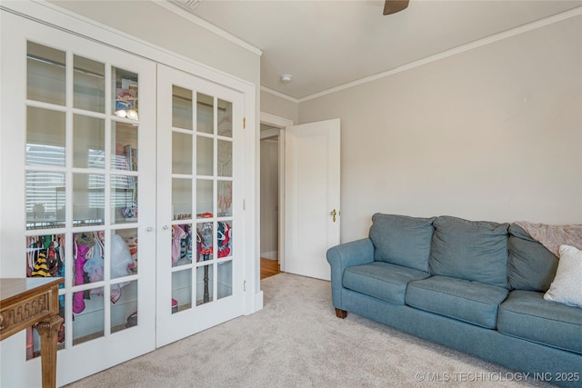 1225 E 18th St, Tulsa, OK 74120 - carpeted living area featuring crown molding and a ceiling fan