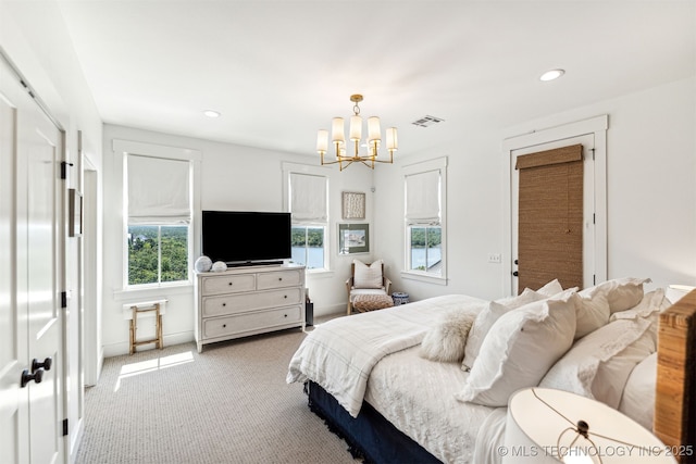 101 Lower Greenway, Carlton Landing, OK 74432 - bedroom with carpet floors, baseboards, visible vents, recessed lighting, and an inviting chandelier