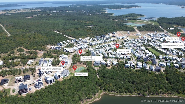 101 Lower Greenway, Carlton Landing, OK 74432 - aerial view featuring a wooded view and a water view