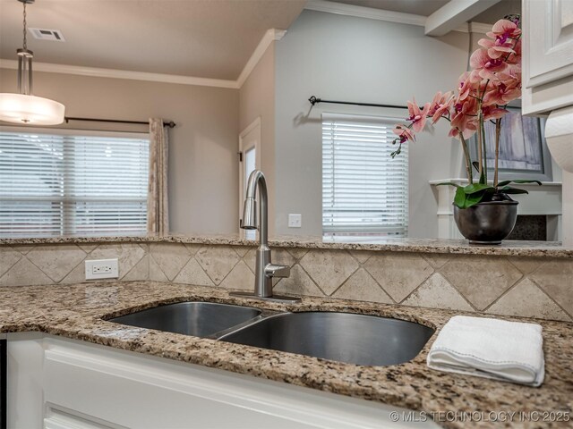 kitchen with ornamental molding, a sink, a healthy amount of sunlight, and tasteful backsplash