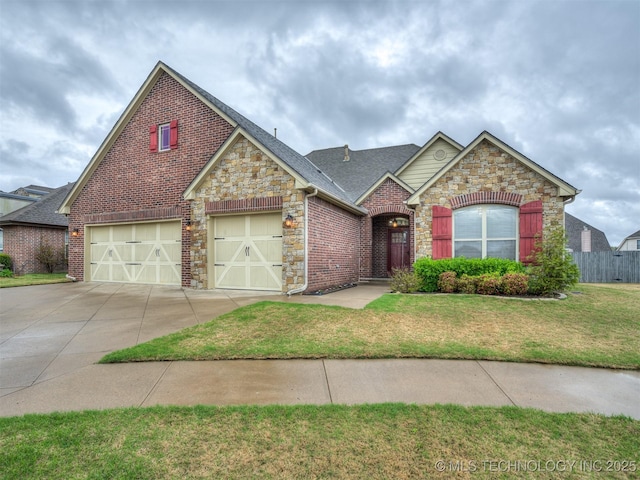 view of front of home featuring stone siding, a garage, a front lawn, and concrete driveway