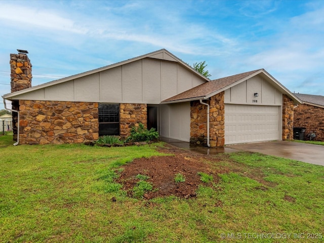 208 NE Spruce Ave, Bartlesville, OK 74006 - view of front of home with concrete driveway, an attached garage, stone siding, a front yard, and a chimney