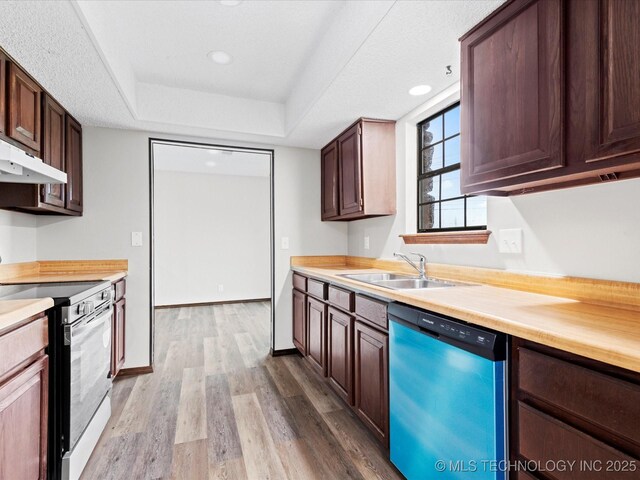 208 NE Spruce Ave, Bartlesville, OK 74006 - kitchen with light countertops, light wood-type flooring, electric stove, a sink, and dishwasher
