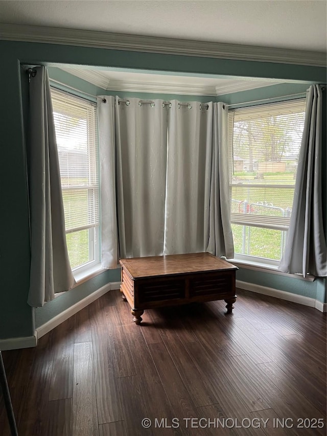 interior space featuring dark wood-type flooring, crown molding, and baseboards