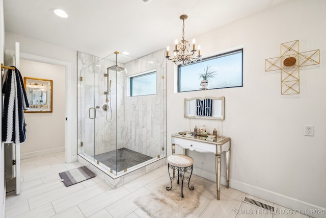 12255 Avalon Dr, Sperry, OK 74073 - full bath with a chandelier and a marble finish shower