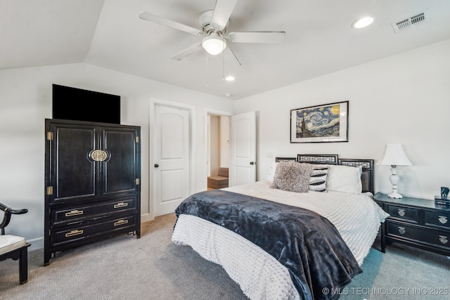 12255 Avalon Dr, Sperry, OK 74073 - bedroom featuring light carpet, recessed lighting, vaulted ceiling, and ceiling fan