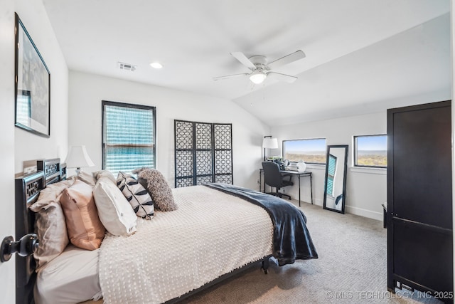 12255 Avalon Dr, Sperry, OK 74073 - bedroom featuring light carpet, a desk, vaulted ceiling, and a ceiling fan