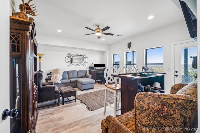 12255 Avalon Dr, Sperry, OK 74073 - living room featuring light wood finished floors, ceiling fan, and recessed lighting