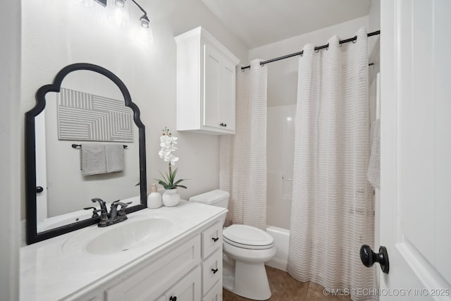 full bathroom with toilet, shower / tub combo, vanity, and tile patterned floors