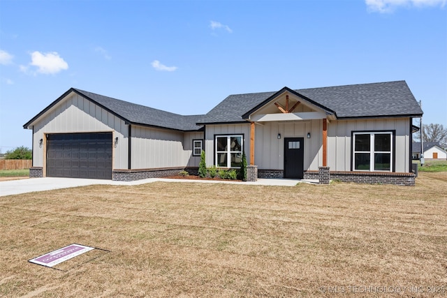 modern farmhouse style home featuring a shingled roof, an attached garage, board and batten siding, concrete driveway, and a front lawn