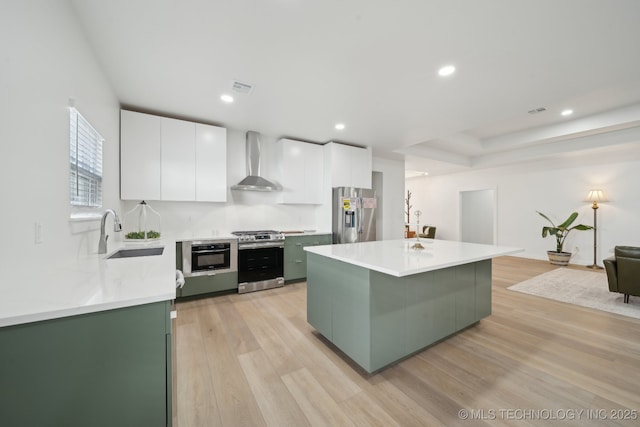 3306 Harbour Town Pl, Claremore, OK 74019 - kitchen featuring green cabinetry, a sink, wall chimney exhaust hood, appliances with stainless steel finishes, and visible vents