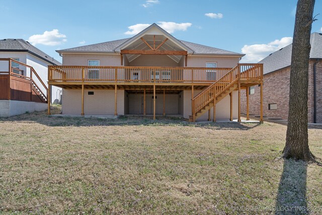 3306 Harbour Town Pl, Claremore, OK 74019 - rear view of property featuring stairs, a wooden deck, and a yard