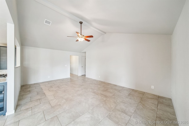 9839 N Lewis Ave, Sperry, OK 74073 - unfurnished room with a ceiling fan, visible vents, and vaulted ceiling with beams