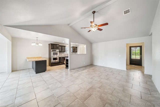 9839 N Lewis Ave, Sperry, OK 74073 - unfurnished living room with visible vents, light tile patterned flooring, baseboards, lofted ceiling with beams, and ceiling fan with notable chandelier